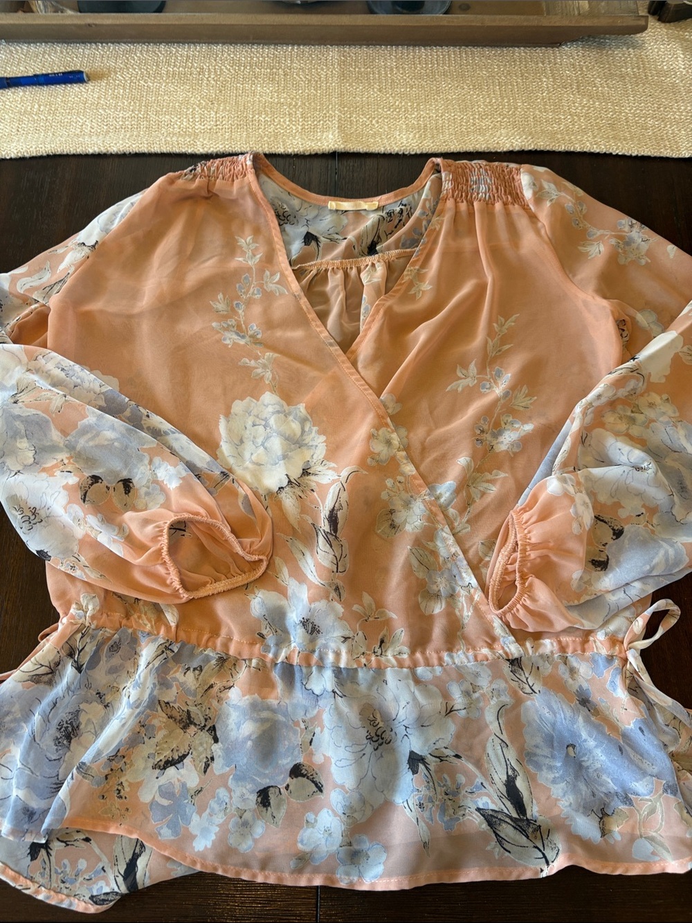 Peach Floral long sleeve Wrap Blouse - Women